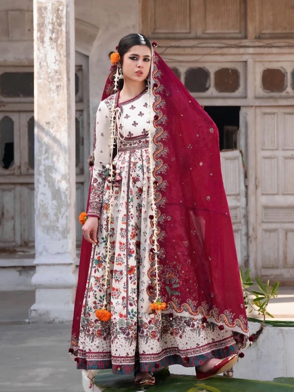 Cream Floral Long-Sleeve Anarkali Dress with Maroon Dupatta